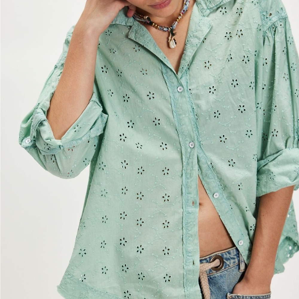 We The Free Green Button Down Shirt Top Mae washed eyelet